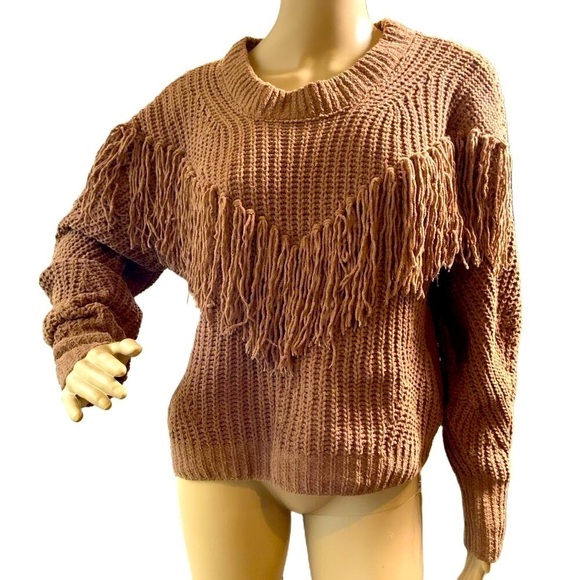 No Boundaries Brown Fringe Knit Crew Neck Long Sleeve Academia Sweater Size XL - Picture 1 of 14